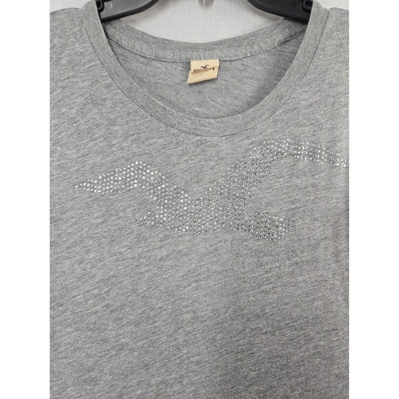 Y2K Hollister Grey T-Shirt Rhinestone Seagull Logo Women's Medium Bling Glam - Picture 8 of 8